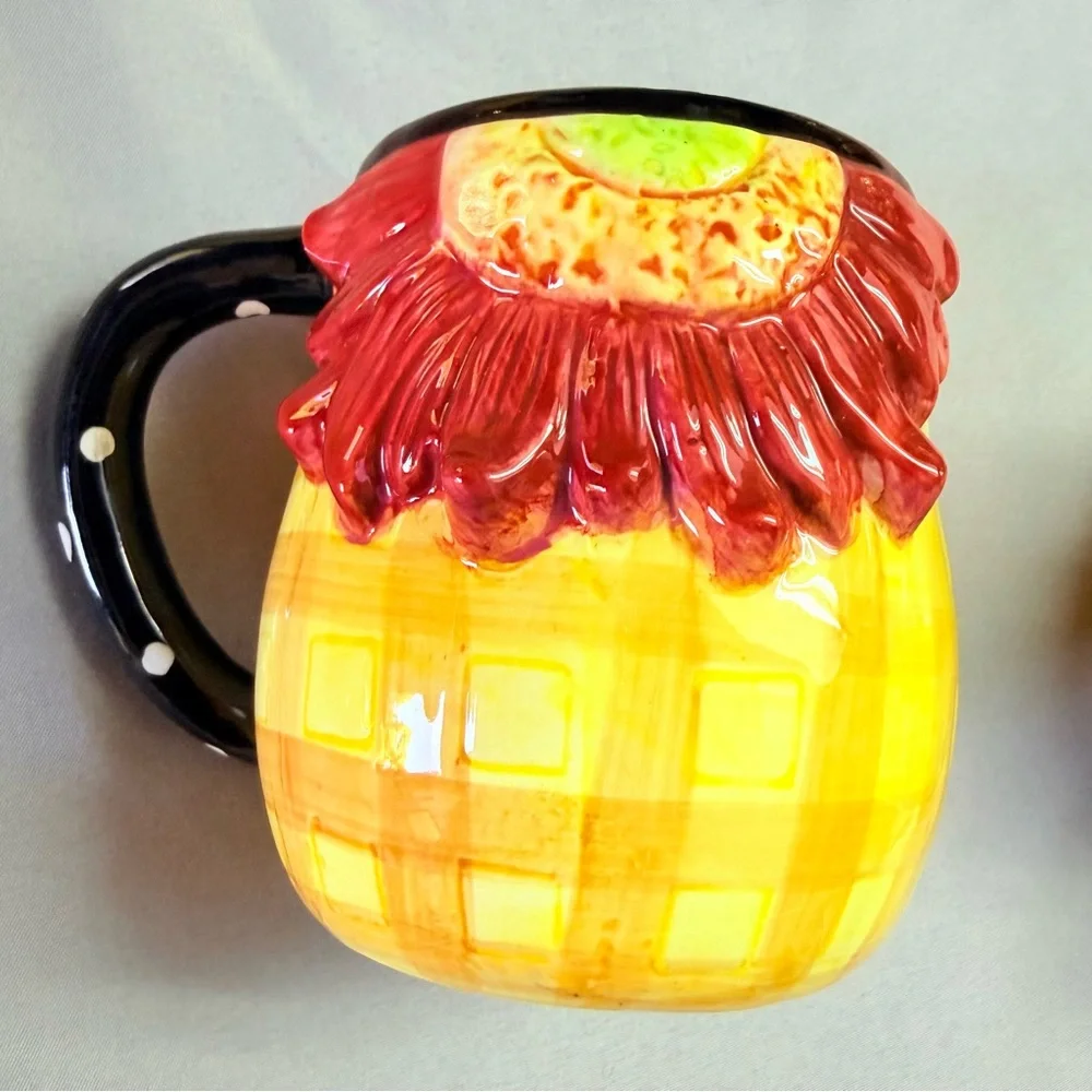 Pier 1 Sunflower Mug Set 4 3D Floral Ceramic Coffee Cup Cottagecore Farmhouse